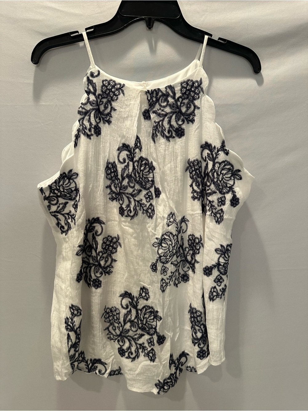 A. Byer White Camisole with Navy Floral Embroidery